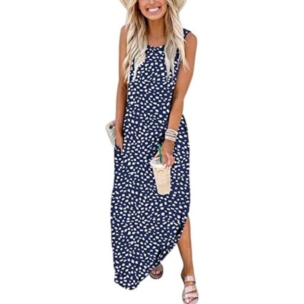 NWT Anrabess Womens M Summer Beach Polka Dot Sleeveless Maxi Dress Black White